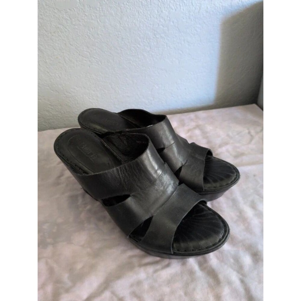 Born 4 inch Wedge Platform Black Leather Sandals